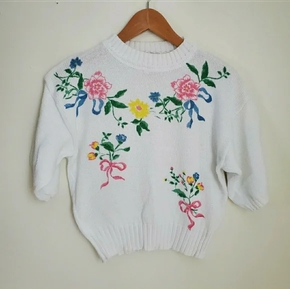 Floral Bouquet Print Short Sleeve Sweater Top - Picture 1 of 4